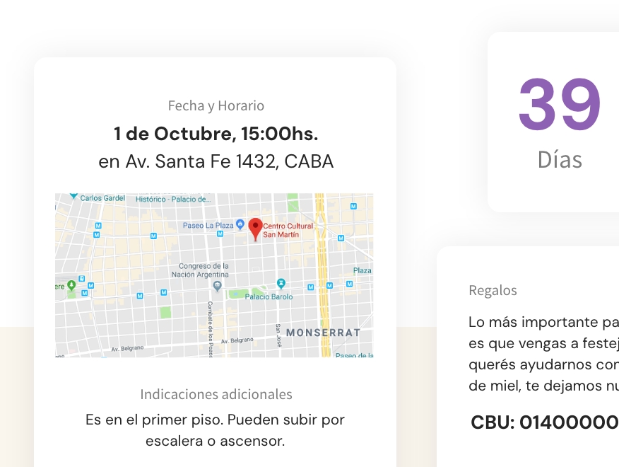 Detalle de datos de logística y regalos para un casamiento
