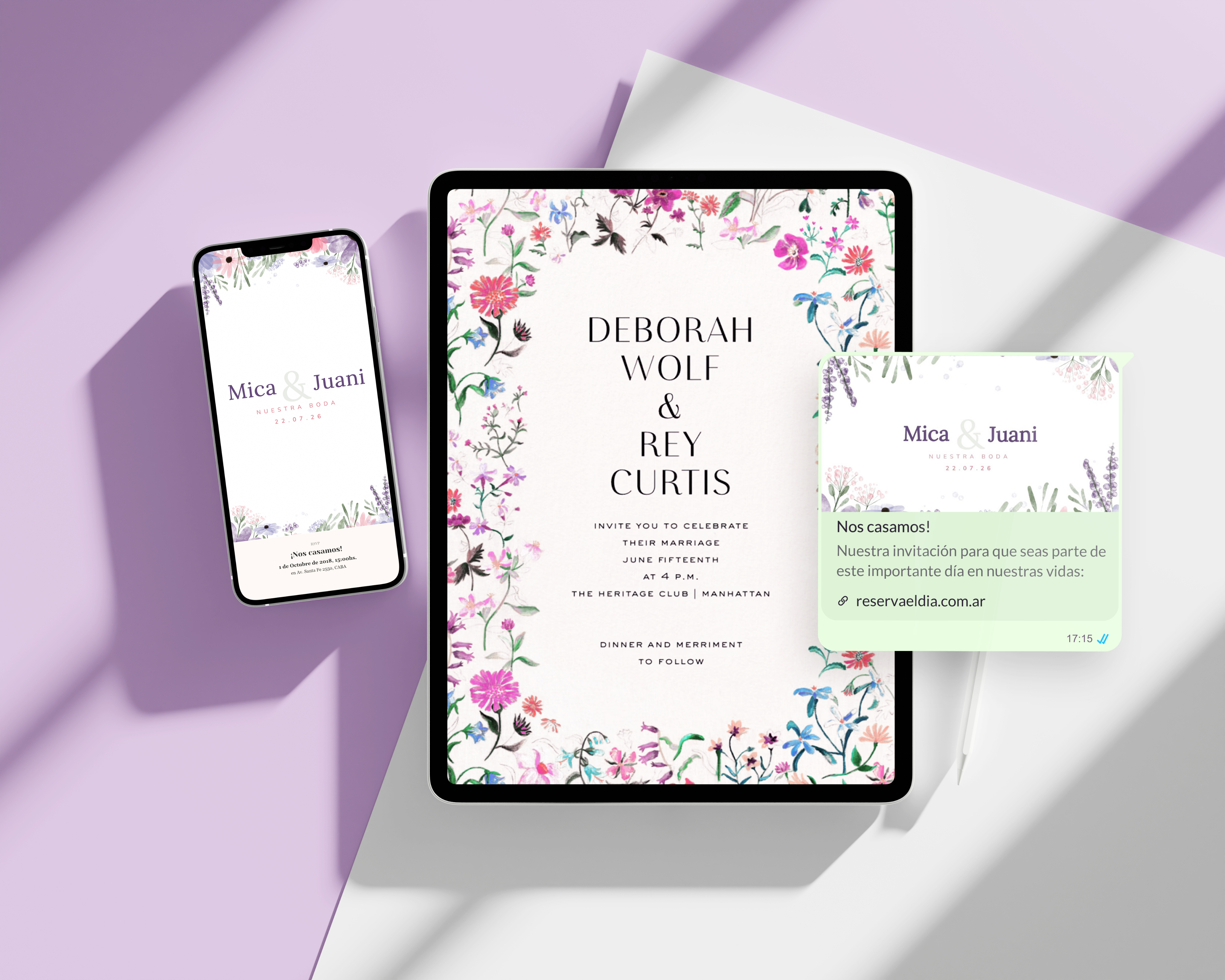 Mockup de invitación digital compartida en celular, tablet y tarjeta