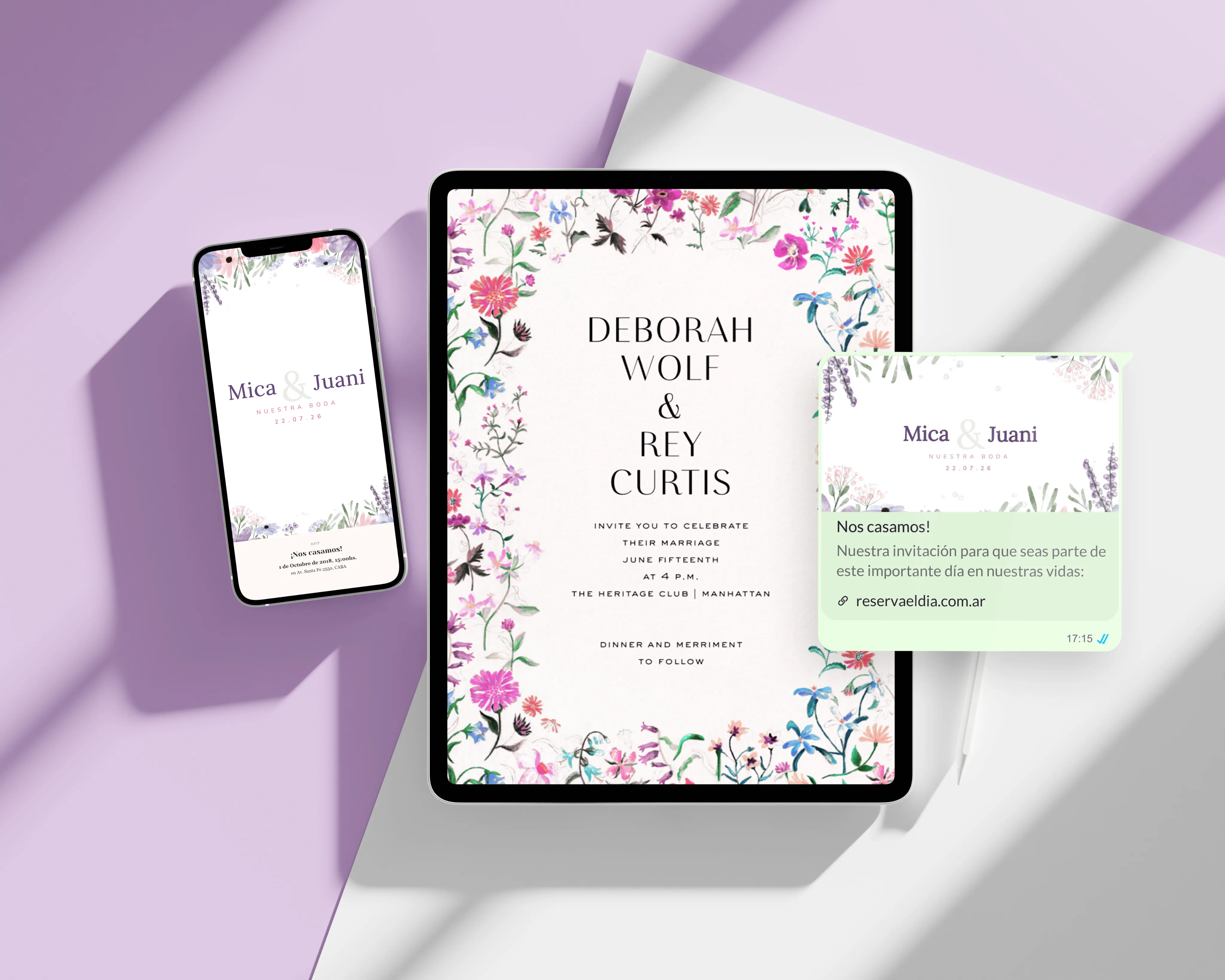 Mockup de invitacion digital compartida en celular, tablet y tarjeta